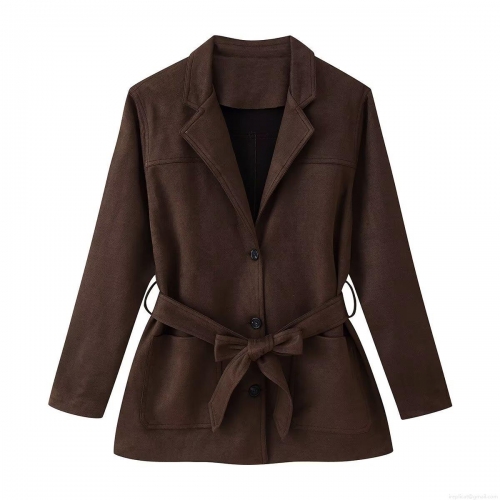 Women's Faux Suede Belted Jacket Chic Lapel Collar Single Breasted Outerwear Waist Belt Pockets Long Sleeve Autumn Winter Casual Work Commute Coat