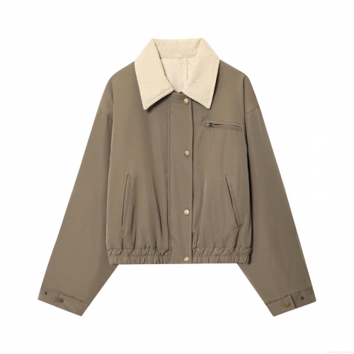 Women's Loose Casual Jacket Retro Workwear Style Contrast Corduroy Collar Zipper Button Closure Long Sleeve Polyester Spandex Outerwear Fashion Streetwear Coat For Autumn