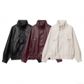 Women's Casual PU Faux Leather Jacket Loose Fit Biker Style Stand Collar Zip Up Windproof Outerwear Autumn Winter Fashion Coat With Pockets Polyester Lining