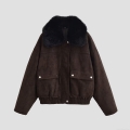 Women's Faux Suede Jacket With Large Black Fur Collar Loose Casual Moto Coat Solid Coffee Winter Outerwear For Ladies Long Sleeve Warm Short Jacket