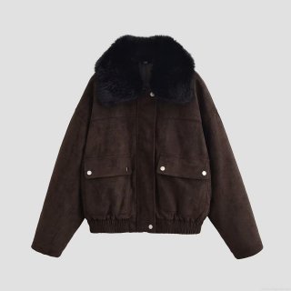 Women's Faux Suede Jacket With Large Black Fur Collar Loose Casual Moto Coat Solid Coffee Winter Outerwear For Ladies Long Sleeve Warm Short Jacket