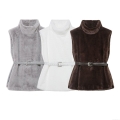 Women's Faux Fur Vest With Belt High Neck Sleeveless Mid-Length Solid Color Plush Waistcoat Casual Streetwear Outerwear For Autumn Winter