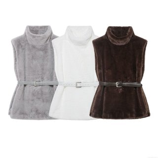 Women's Faux Fur Vest With Belt High Neck Sleeveless Mid-Length Solid Color Plush Waistcoat Casual Streetwear Outerwear For Autumn Winter