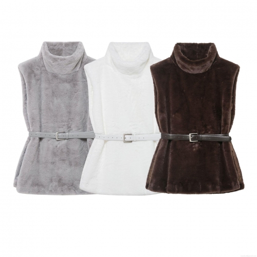 Women's Faux Fur Vest With Belt High Neck Sleeveless Mid-Length Solid Color Plush Waistcoat Casual Streetwear Outerwear For Autumn Winter
