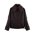 Women's Fashionable Short Woolen Coat With Faux Fur Collar Double Breasted Elegant Deep Brown Mixed Wool Jacket For Winter Party Daily Wear