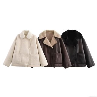 Women's Faux Shearling Jacket Suede Leather Warm Winter Coat Lapel Collar Button Up Oversized Streetwear Solid Color Outerwear With Pockets