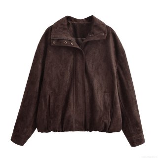 Women's Vintage Faux Suede Jacket Casual Loose Fit Long Sleeve Outerwear With Zipper And Snap Pockets Fall Winter Coat