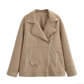 Women Faux Suede Biker Jacket Lapel Zip Up Moto Coat Casual Fall Winter Fashion Outerwear With Metal Zippers Pockets Khaki Camel
