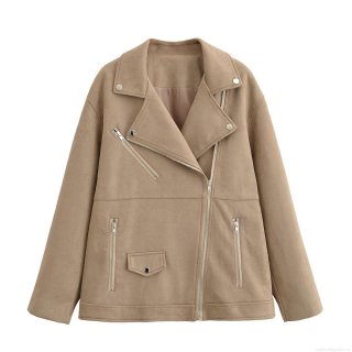 Women Faux Suede Biker Jacket Lapel Zip Up Moto Coat Casual Fall Winter Fashion Outerwear With Metal Zippers Pockets Khaki Camel