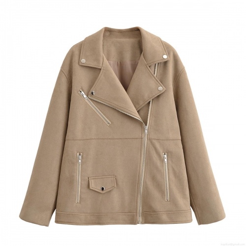 Women Faux Suede Biker Jacket Lapel Zip Up Moto Coat Casual Fall Winter Fashion Outerwear With Metal Zippers Pockets Khaki Camel