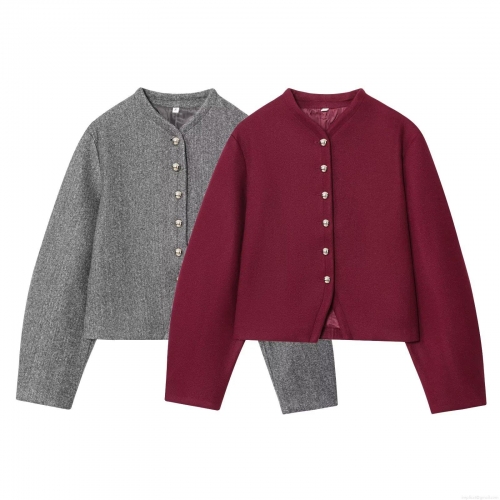 Women's Casual Solid Color Long Sleeve Round Neck Jacket Fashion Short Woolen Blend Outerwear With Metallic Buttons For Daily Office Fall Autumn Wear