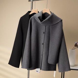 Women's Fashion Double-Faced Wool Like Scarf Collar Jacket Elegant Loose Fit Mid-Length Overcoat Long Sleeve Solid Plaid Autumn Winter Outwear