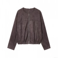 Fashion Women's Casual Faux Suede Jacket Loose Fit Round Neck Long Sleeve Zipper Closure Coat Solid Color Distressed Autumn Winter Outwear