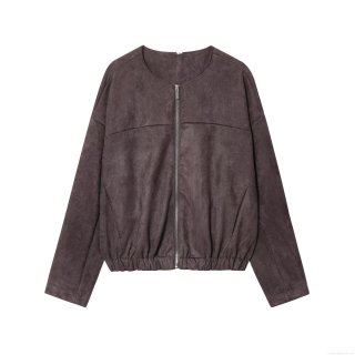 Fashion Women's Casual Faux Suede Jacket Loose Fit Round Neck Long Sleeve Zipper Closure Coat Solid Color Distressed Autumn Winter Outwear