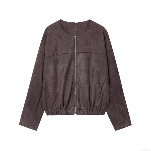 Fashion Women's Casual Faux Suede Jacket Loose Fit Round Neck Long Sleeve Zipper Closure Coat Solid Color Distressed Autumn Winter Outwear