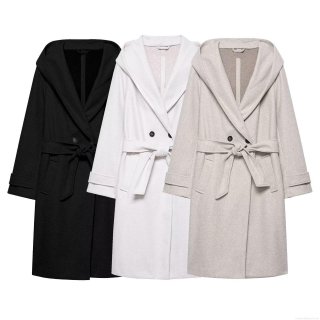 Women's Elegant Hooded Long Woolen Coat With Waist Belt Double Breasted Loose Fit Solid Color Warm Jacket For Autumn Winter Casual Office Outerwear