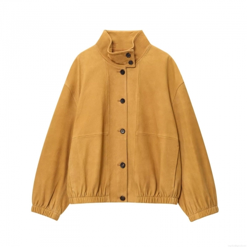 Women Fashion Faux Leather Bomber Jacket Casual Stand Collar Button Down Long Sleeve Coat With Elastic Hem For Fall Winter