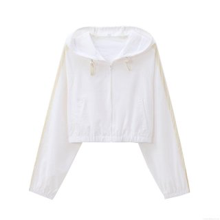 Women's Fashion Casual Taslon Nylon Hooded Jacket Short Lightweight Contrast Striped Windbreaker Zip Up Coat For Autumn