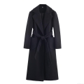 Women's Elegant Long Wool Blend Coat Solid Black Lapel Overcoat With Belt Autumn Winter Office Lady Commuting Jacket