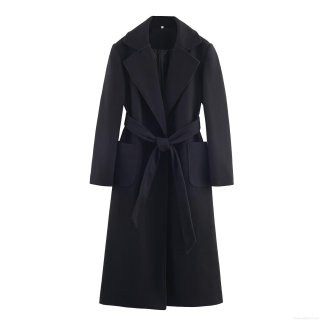 Women's Elegant Long Wool Blend Coat Solid Black Lapel Overcoat With Belt Autumn Winter Office Lady Commuting Jacket