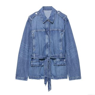 Women's Long Denim Jacket Washed Blue Polyester Blend Denim Outerwear With Belted Waist Four Pockets Epaulettes Casual Long Sleeve Coat For Daily Commuting