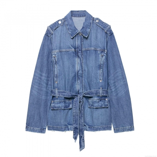 Women's Long Denim Jacket Washed Blue Polyester Blend Denim Outerwear With Belted Waist Four Pockets Epaulettes Casual Long Sleeve Coat For Daily Commuting