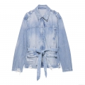 Women's Casual Distressed Denim Jacket Washed Cotton Ripped Outerwear With Waist Belt Epaulets Long Sleeve Lapel Jacket For Daily Wear Fashion Coat