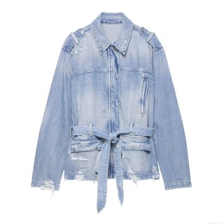 Women's Casual Distressed Denim Jacket Washed Cotton Ripped Outerwear With Waist Belt Epaulets Long Sleeve Lapel Jacket For Daily Wear Fashion Coat