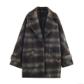 Women's Plaid Woolen Coat Notched Lapel Single Breasted Loose Oversized Mid Length Jacket Polyester Blend Outerwear For Autumn Winter Ladies Casual Wear