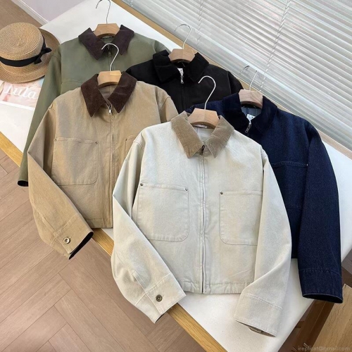 Women's Casual Workwear Jacket With Corduroy Splice Collar Retro Polyester Canvas Zip Up Short Coat With Patch Pockets For Autumn Outdoor Travel
