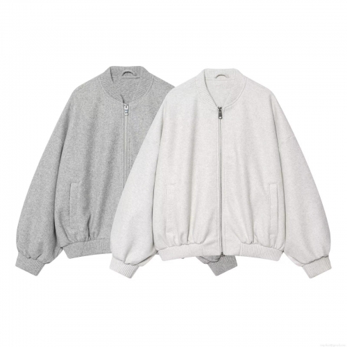 Women's Casual Bomber Jacket Soft Woolen Texture Loose Full Zip Outerwear Long Sleeve Ribbed Cuff Coat With Pockets For Autumn Winter