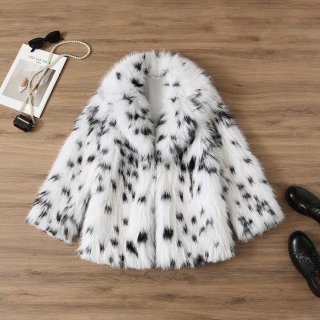 Women's Fashion Elegant Faux Fur Coat Thick Black and White Spotted Jacquard Long Sleeve Lapel Jacket Stylish Winter Outerwear for Ladies