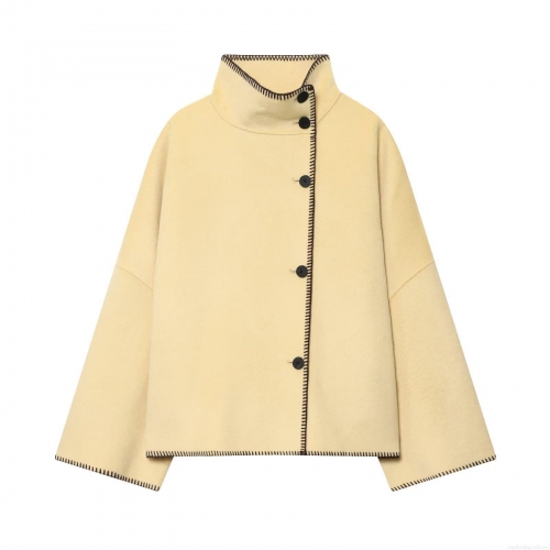 Women Chic High Neck Woolen Short Jacket Autumn Winter Loose Fit Contrast Stitching Single Breasted Casual Outerwear Coat