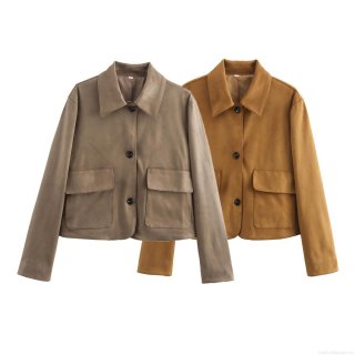 Women's Casual Faux Suede Jacket Solid Color Lapel Single Breasted Autumn Short Coat With Two Pockets Long Sleeve Soft Outwear For Daily Commuting