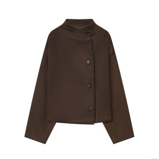 Women's Loose Woolen Jacket Stand Collar Single Breasted Short Coat Solid Coffee Brown Polyester Outerwear For Autumn Winter Casual Streetwear