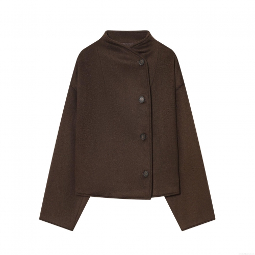 Women's Loose Woolen Jacket Stand Collar Single Breasted Short Coat Solid Coffee Brown Polyester Outerwear For Autumn Winter Casual Streetwear