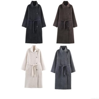 Women Fashion Long Woolen Coat Elegant French Style Thickened Belted Overcoat Solid Color Lapel Long Sleeve Outerwear For Autumn Winter Women