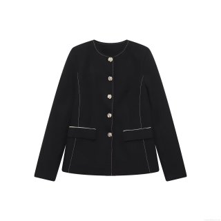 Women's Elegant Black Round Neck Jacket Slim Fit Outerwear With White Contrast Stitching And Gold Metal Buttons For Office Daily Autumn Lady Blazer Coat