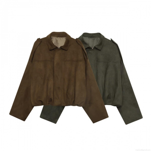 Women's Faux Suede Polyester Bomber Jacket Casual Loose Outerwear With Shoulder Straps Retro Lapel Zipper Up Short Coat For Autumn Winter Ladies Daily Fashion