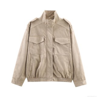Women French Vintage Faux Suede Jacket Stand Collar Epaulettes Large Flap Pockets Zipper Workwear Coat Solid Color Khaki Casual Outwear
