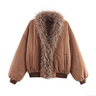 Women's Casual Faux Fur Large Collar Cotton Jacket Warm Suede Patchwork Padded Coat Windproof Loose Fit Bomber Outwear For Autumn Winter Ladies