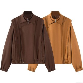 Women's Vintage Faux Suede Jacket Solid Color Casual Zipper Short Coat Autumn Winter Fashion Stand Collar Outwear With Pockets Loose Fit Top