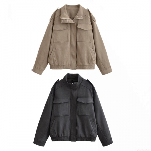 Women's Casual Suede-Like Utility Jacket Stand Collar Multi-Pockets Long Sleeve Solid Color Outerwear Fall Coat For Women
