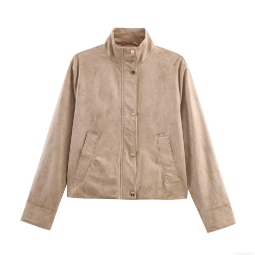Women's Faux Suede Stand Collar Jacket Casual Solid Color Long Sleeve Coat With Metal Snap Buttons And Side Pockets For Autumn Winter Daily Wear