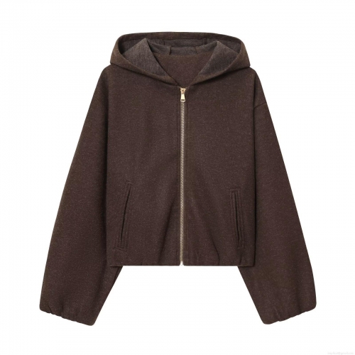 Women's Hooded Jacket Fashion Minimalist Polyester Blend Woolen Zipper Closure Elastic Hem Solid Color Coat For Fall Winter Casual Daily