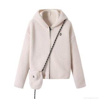 Women's Fashion Hooded Sherpa Fleece Jacket With Matching Mini Bag Zip Up Long Sleeve Casual Warm Loose Outerwear Coat For Autumn Winter