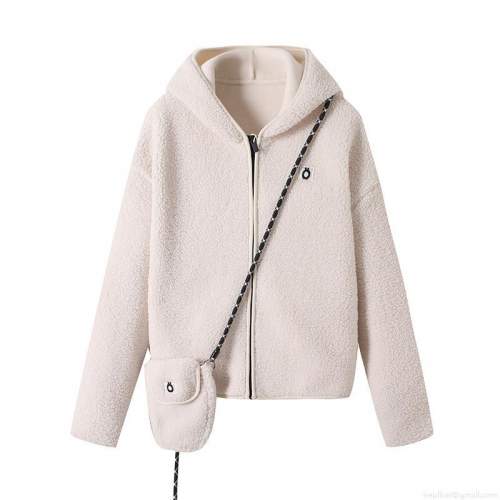 Women's Fashion Hooded Sherpa Fleece Jacket With Matching Mini Bag Zip Up Long Sleeve Casual Warm Loose Outerwear Coat For Autumn Winter