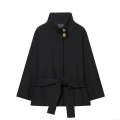 Women French Style Black Wool Blend Short Jacket With Golden Metal Buttons Stand Collar Belted Poncho Coat For Autumn Winter Commute Office Ladies Outerwear