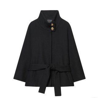 Women French Style Black Wool Blend Short Jacket With Golden Metal Buttons Stand Collar Belted Poncho Coat For Autumn Winter Commute Office Ladies Outerwear