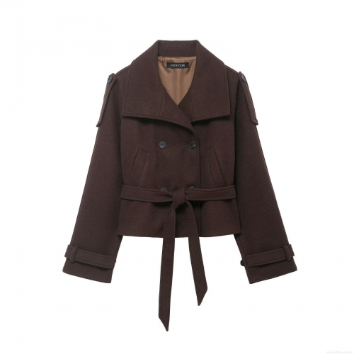 Women's Fashion Casual Double Breasted Short Woolen Jacket With Waist Belt And Epaulettes Solid Color Long Sleeve Lapel Outerwear Coat For Autumn Winter